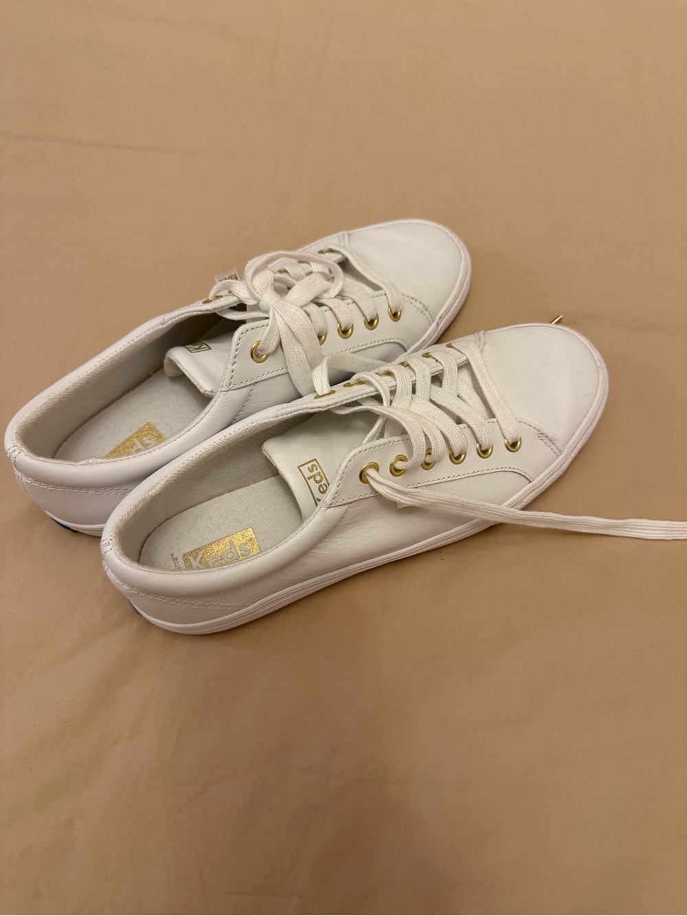 Keds White Leather Lace-Up Sneakers with Gold Eyelets